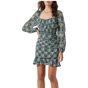 ASTR The Label Smocked Floral Print Ruffled Long Sleeve Mini Dress
